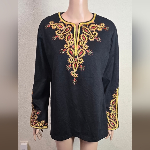 Bob Mackie Sz Large Black Stretch with Rich Gold Red Paisley Embroidery Tunic - Picture 1 of 16